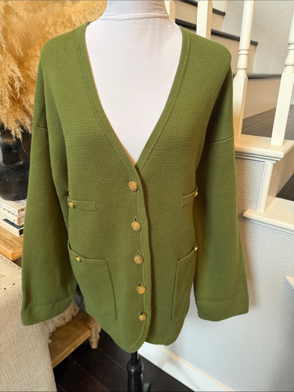 J.Crew Green Gold Buttons Long V-Neck Sweater Blazer Size Large - Picture 3 of 7